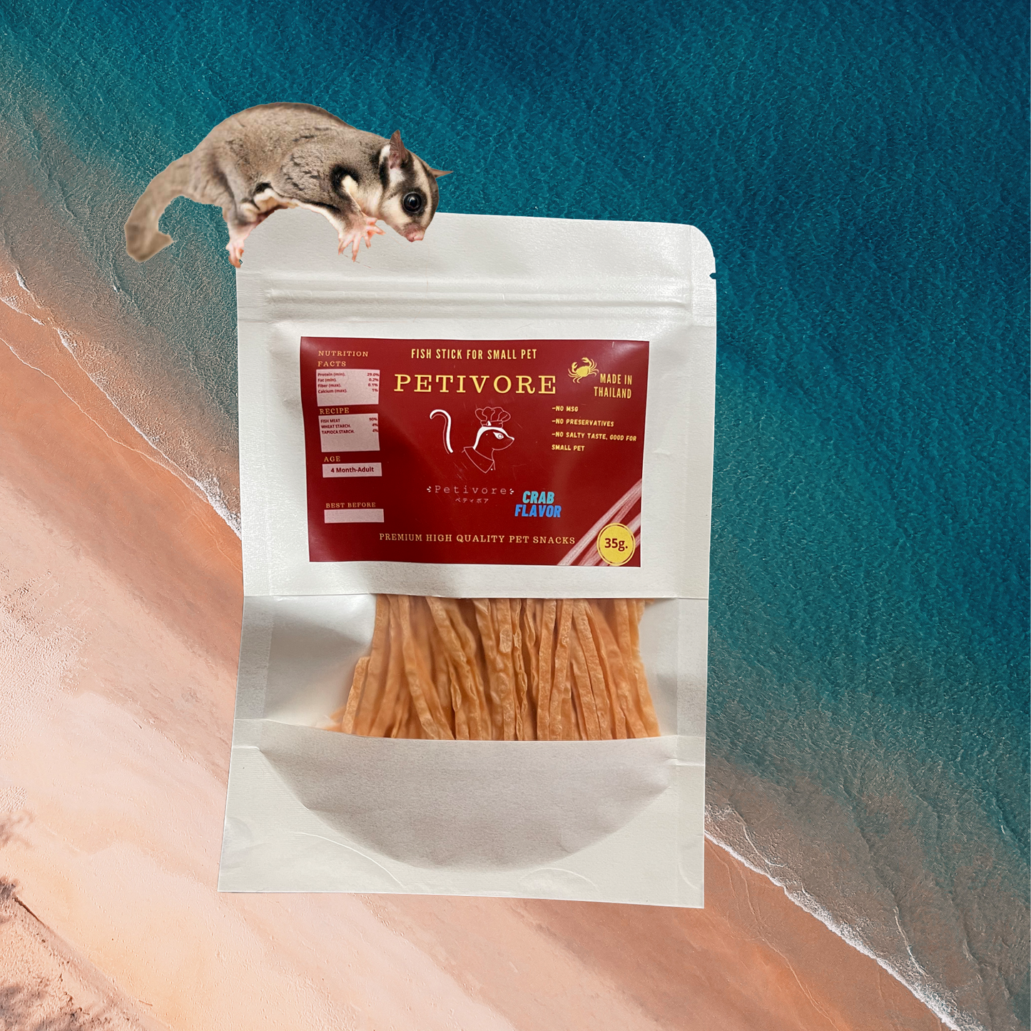 PETIVORE Crab Flavor - Premium Fish Snack for Sugar Glider and Small Exotic Pet - Made from Real Fish - Yummy Treats, Snacks and Food (35g)