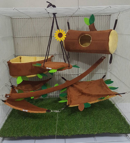 7 Pcs/Set Cute Sugar Glider Hamster Marmoset Squirrel Chinchillas Small Pet Hanging Log + Edge Corner Light Brown Cage Set Forest Pattern