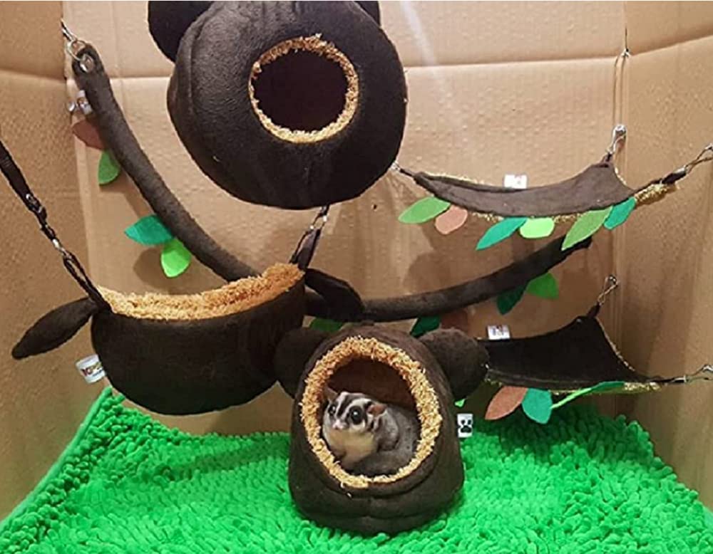 6 Pieces Cute KPS Jungle Bear Style Sugar Glider Hamster Squirrel Chinchillas Marmoset Small Exotic Pet Cage Set Forest Bear Pattern Dark Brown