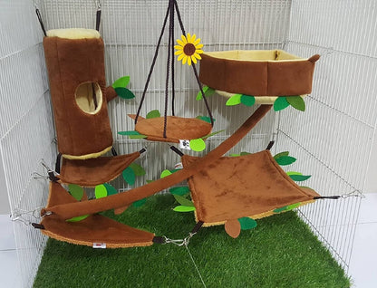 7 Pcs/Set Cute Sugar Glider Hamster Marmoset Squirrel Chinchillas Small Pet Hanging Log + Edge Corner Light Brown Cage Set Forest Pattern