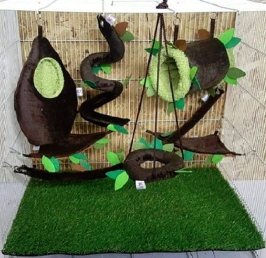 7 Pcs/Set Cute Sugar Glider Hamster Squirrel Chinchillas Small Exotic Pet Bed Set Hanging Tunnel + Oval Dark Brown Cage Set Forest Pattern