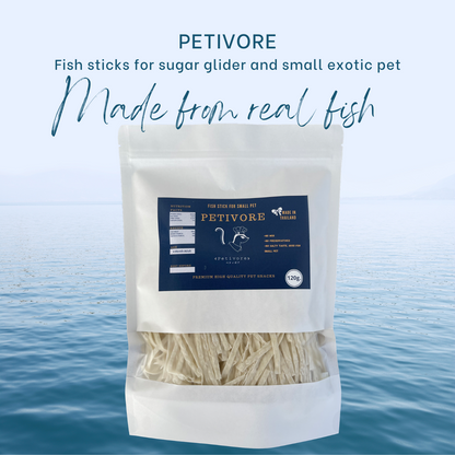 PETIVORE Large Pack: 120g of Premium Fish Stick Flavor Sugar Glider & Small Exotic Pet Treats, Snacks & Food - Made with Real Fish